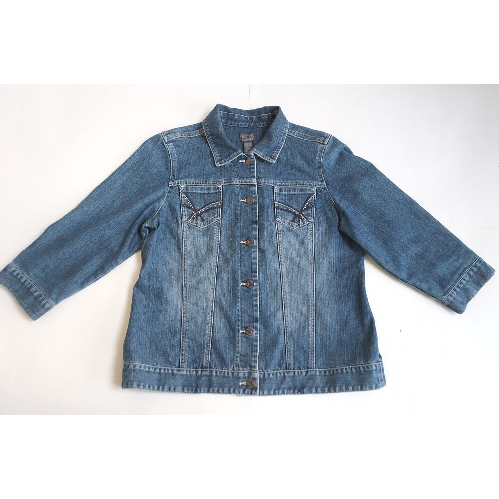 Additions by Chico’s Med Blue Jean Jacket W/Embroidered Rhinestone Pockets Sz 1